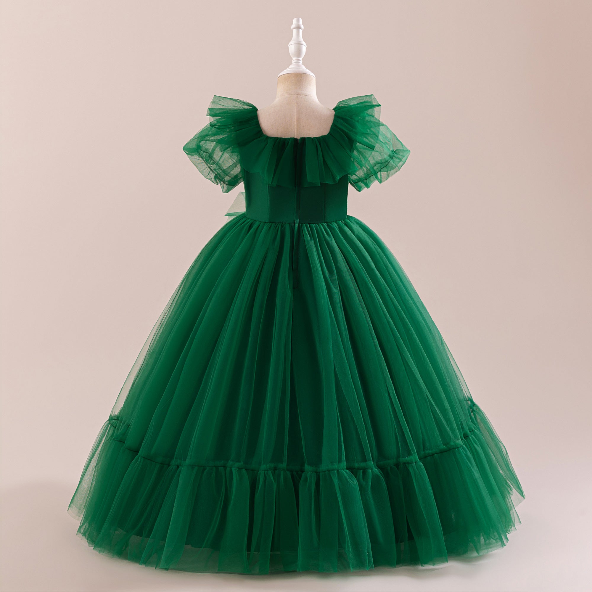 Girls Ruffles Puff Sleeves Square Neck Net Gown Maxi Dress