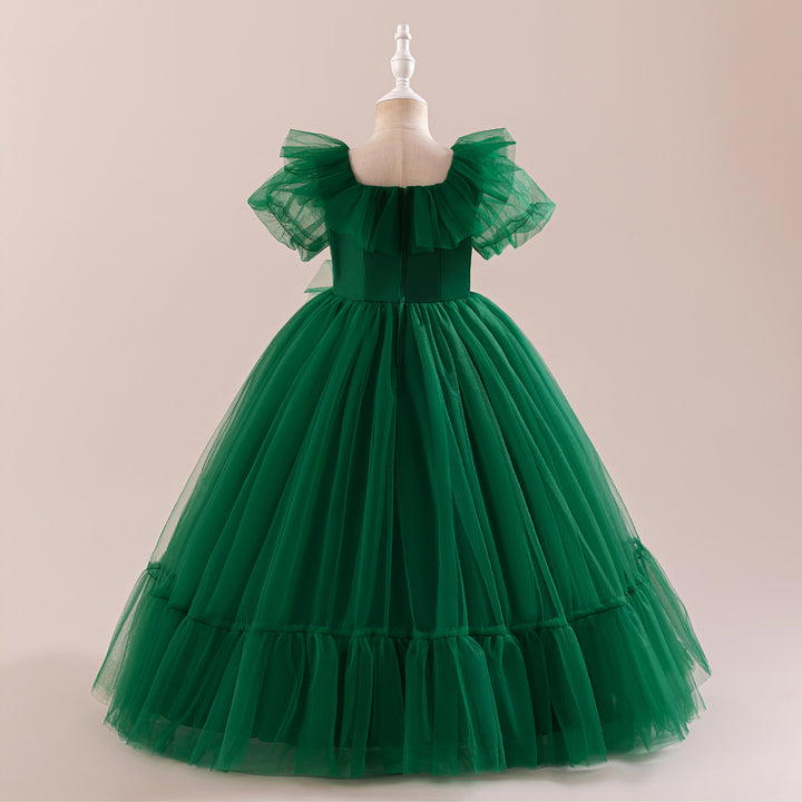Girls Ruffles Puff Sleeves Square Neck Net Gown Maxi Dress