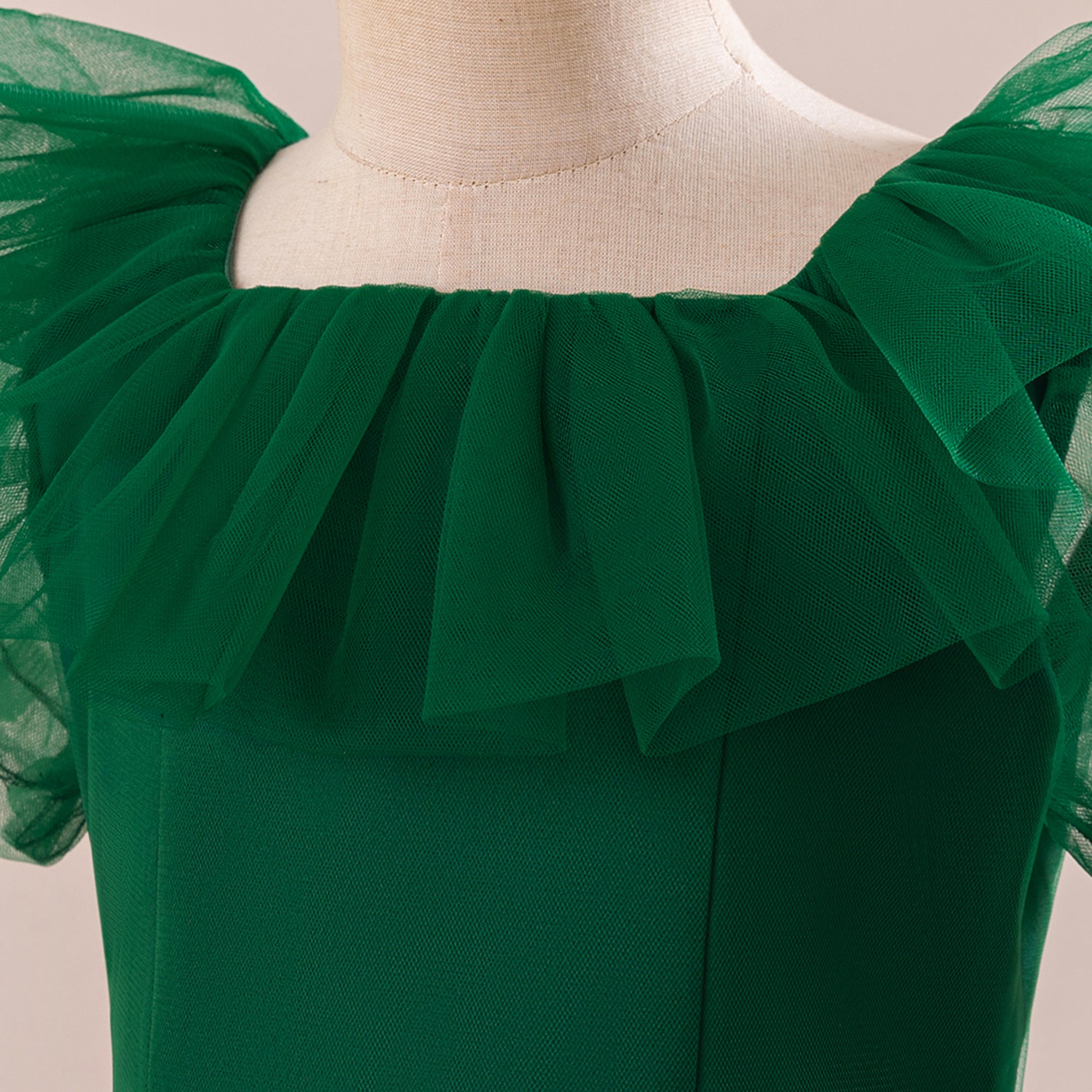 Girls Ruffles Puff Sleeves Square Neck Net Gown Maxi Dress
