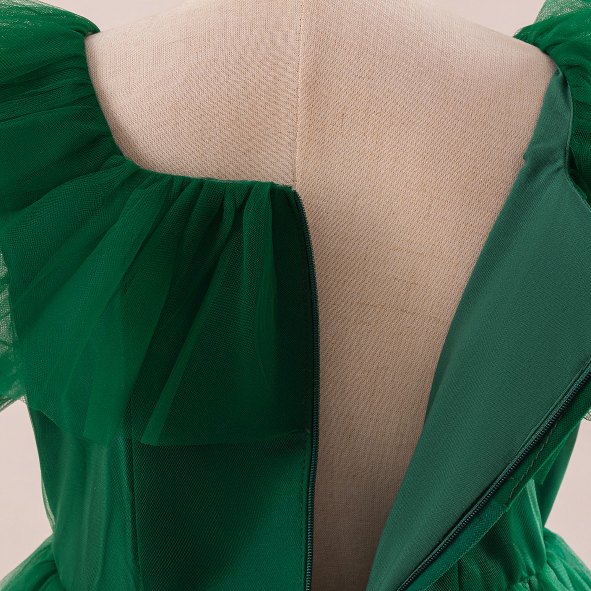 Girls Ruffles Puff Sleeves Square Neck Net Gown Maxi Dress