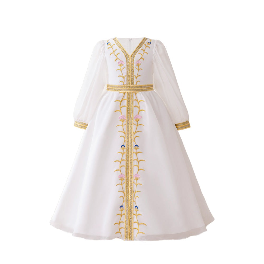 Girl White Bishop Sleeves Embroidered Fit and Flare Maxi Dress