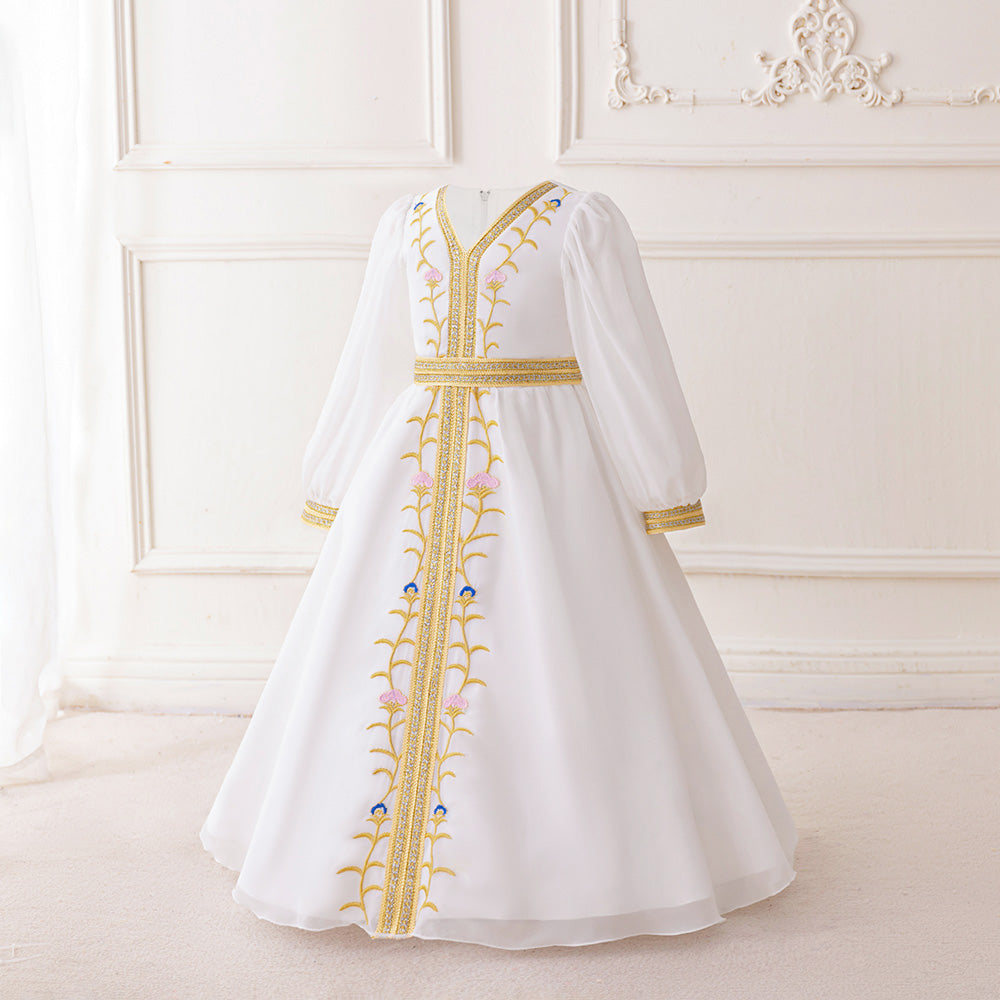 Girl White Bishop Sleeves Embroidered Fit and Flare Maxi Dress
