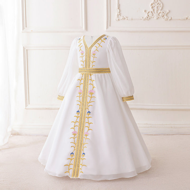 Girl White Bishop Sleeves Embroidered Fit and Flare Maxi Dress