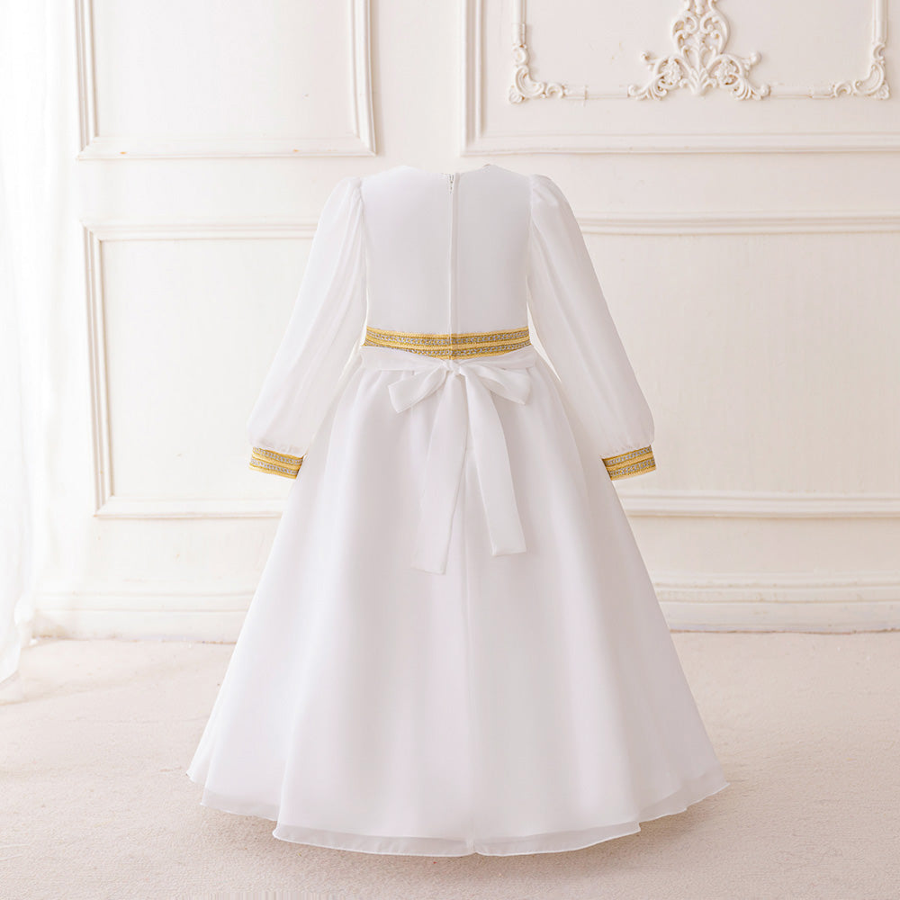 Girl White Bishop Sleeves Embroidered Fit and Flare Maxi Dress