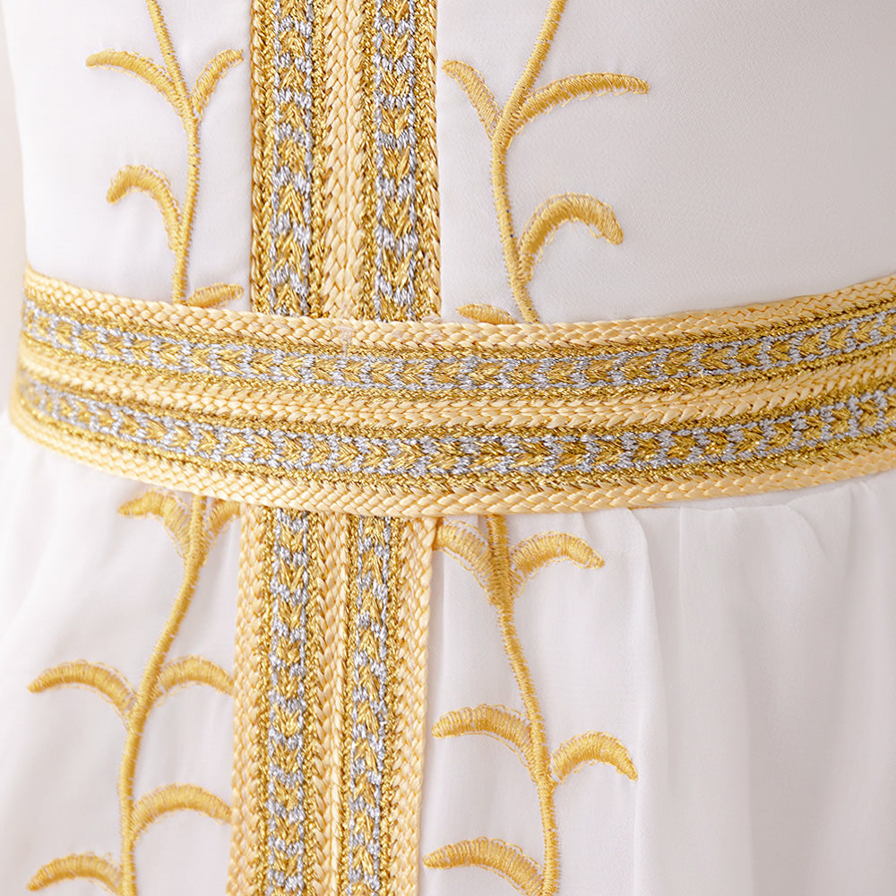 Girl White Bishop Sleeves Embroidered Fit and Flare Maxi Dress