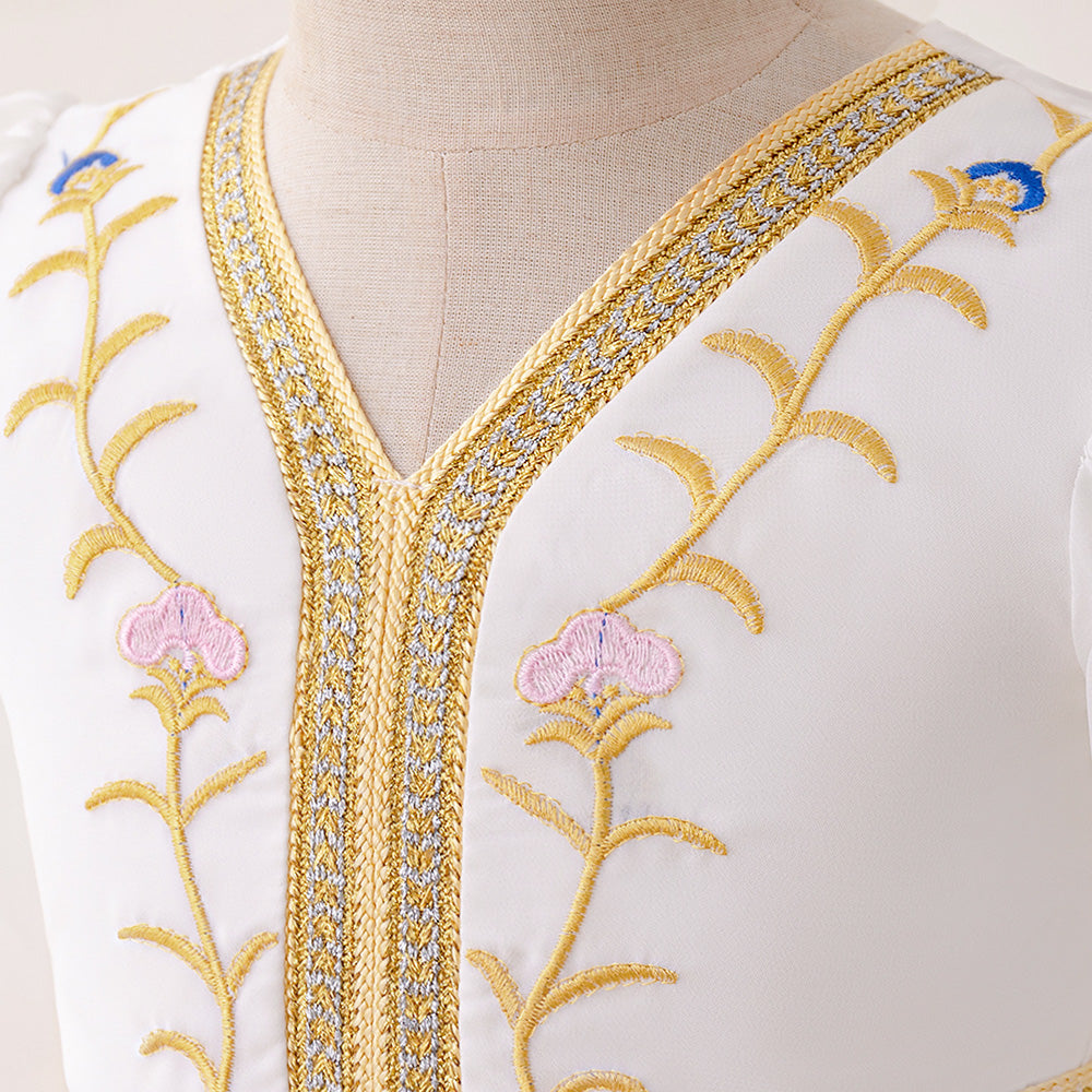 Girl White Bishop Sleeves Embroidered Fit and Flare Maxi Dress