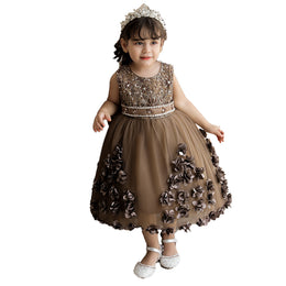 Girls Brown Embellished Fit & Flare Balloon Dress