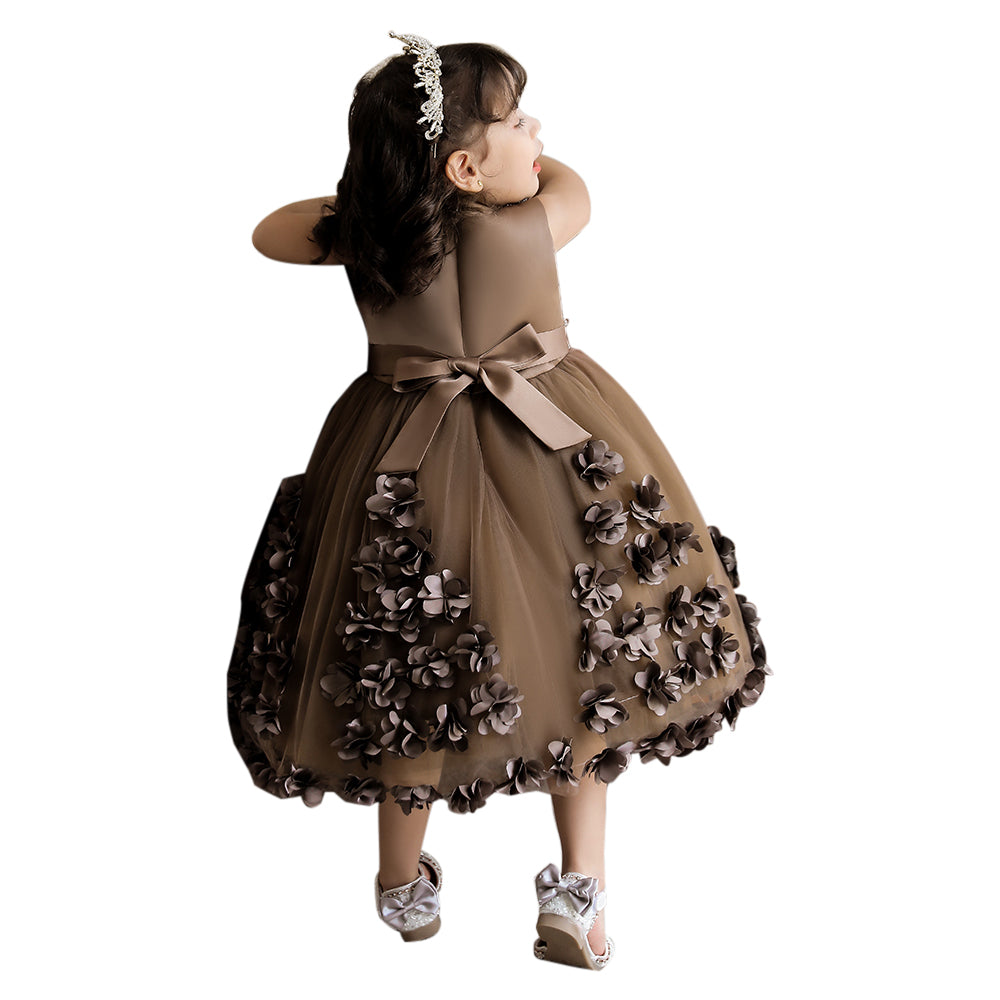 Girls Brown Embellished Fit & Flare Balloon Dress