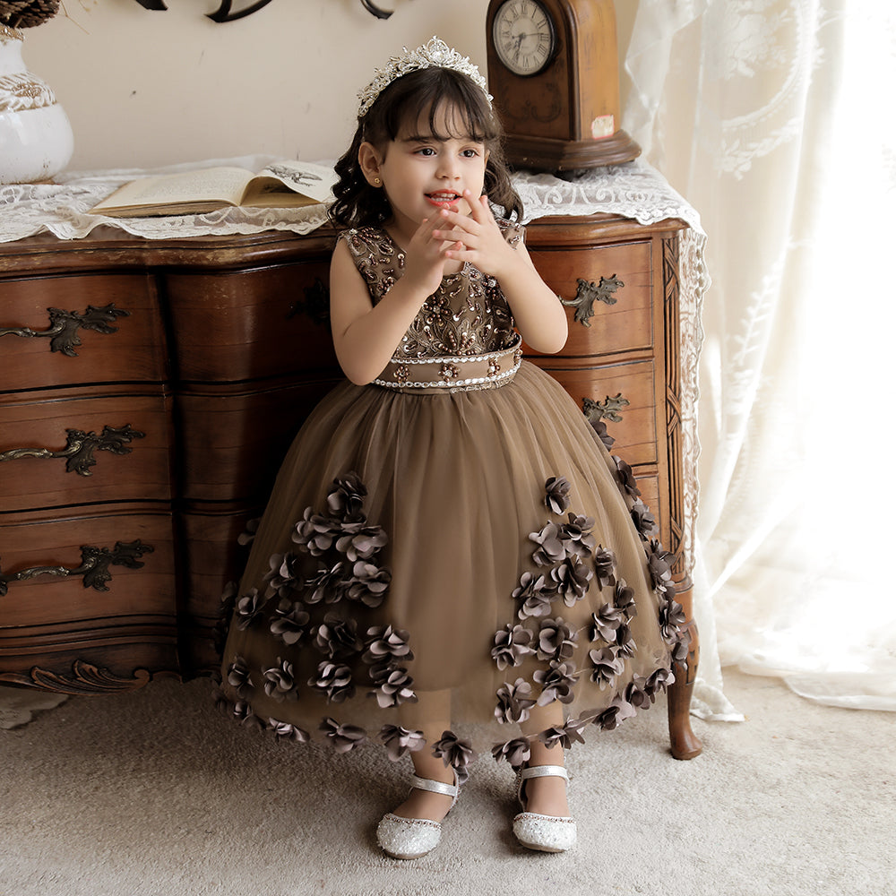 Girls Brown Embellished Fit & Flare Balloon Dress