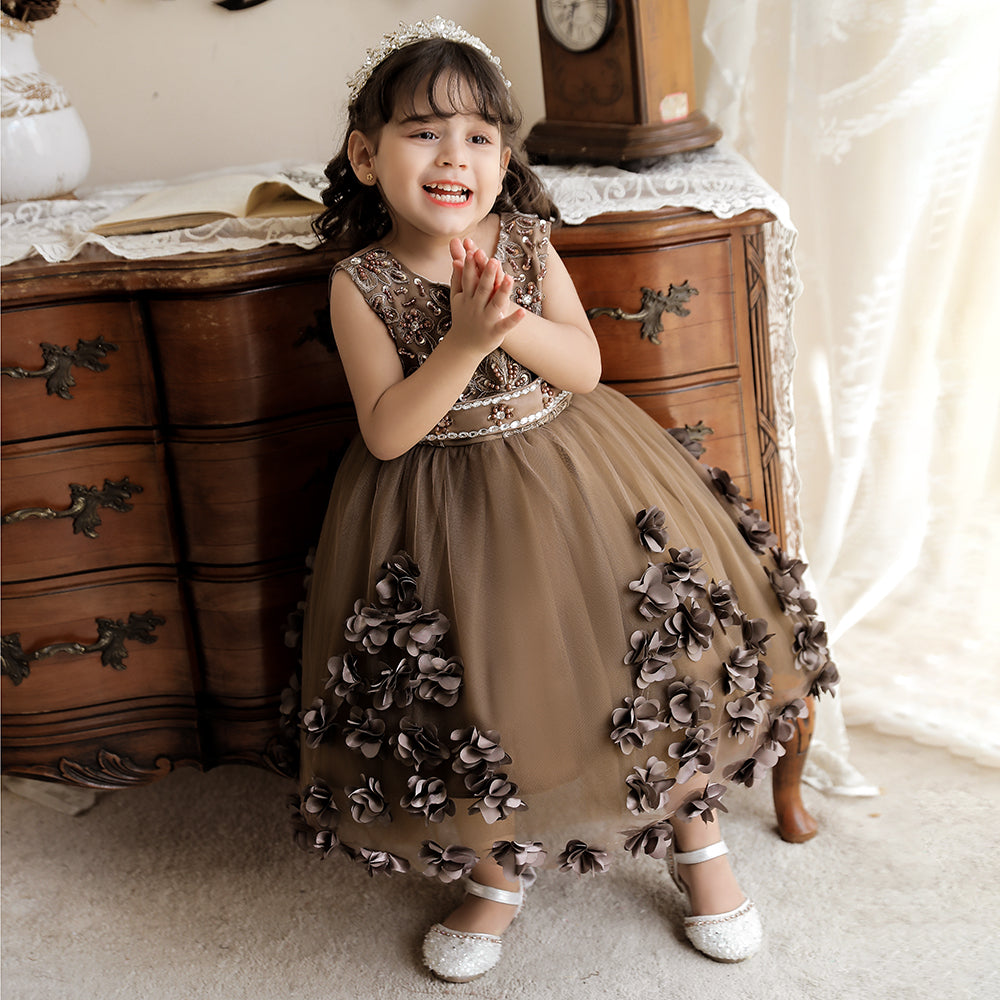 Girls Brown Embellished Fit & Flare Balloon Dress