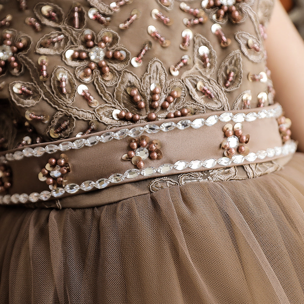 Girls Brown Embellished Fit & Flare Balloon Dress