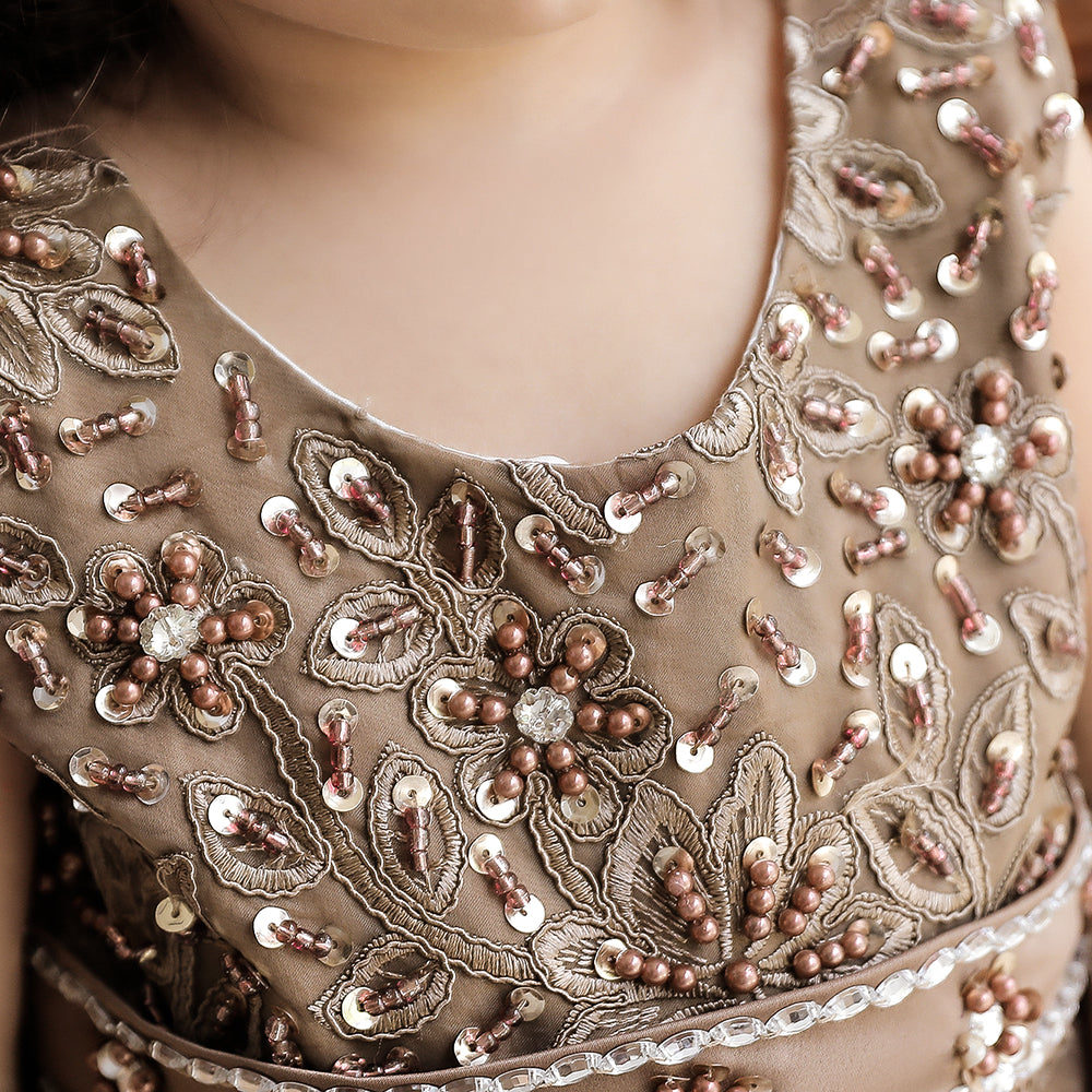 Girls Brown Embellished Fit & Flare Balloon Dress