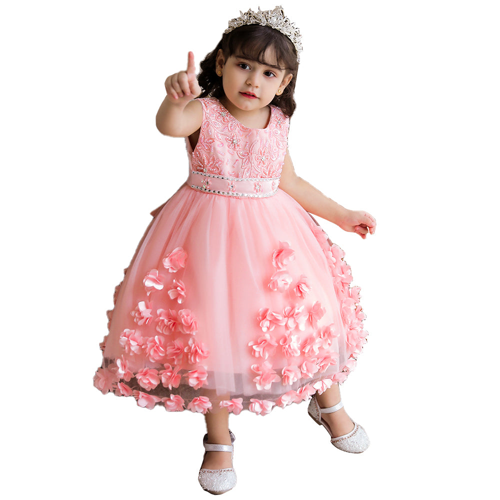 Girls Pink Embroidered Balloon Midi Dress