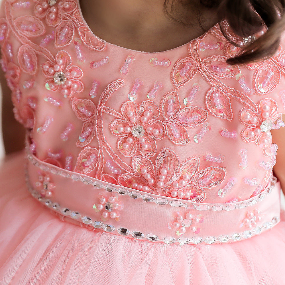 Girls Pink Embroidered Balloon Midi Dress