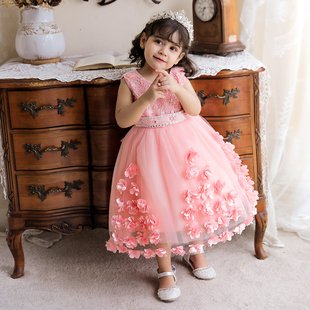 Girls Pink Embroidered Balloon Midi Dress