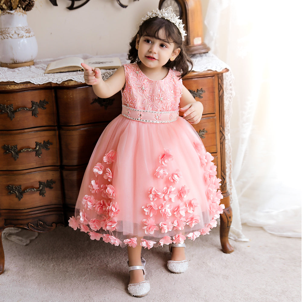 Girls Pink Embroidered Balloon Midi Dress