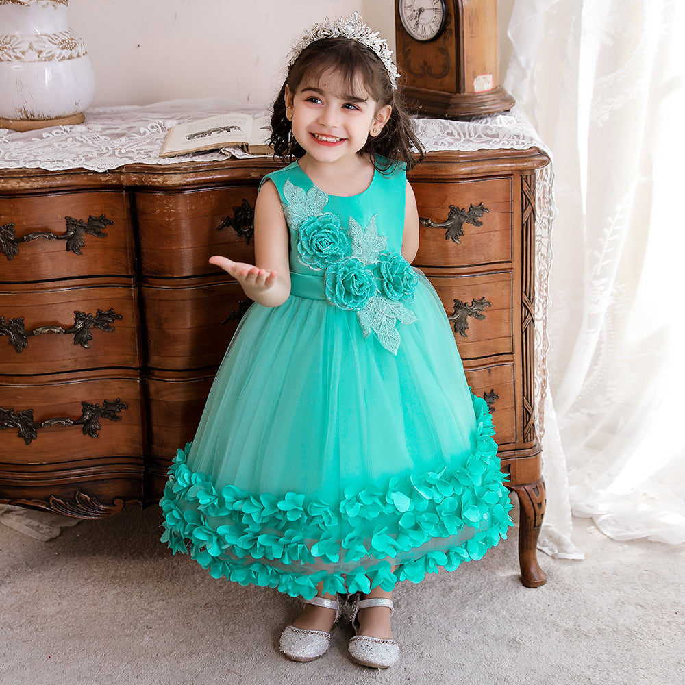 Girls Green Embellished Fit & Flare Midi Dress