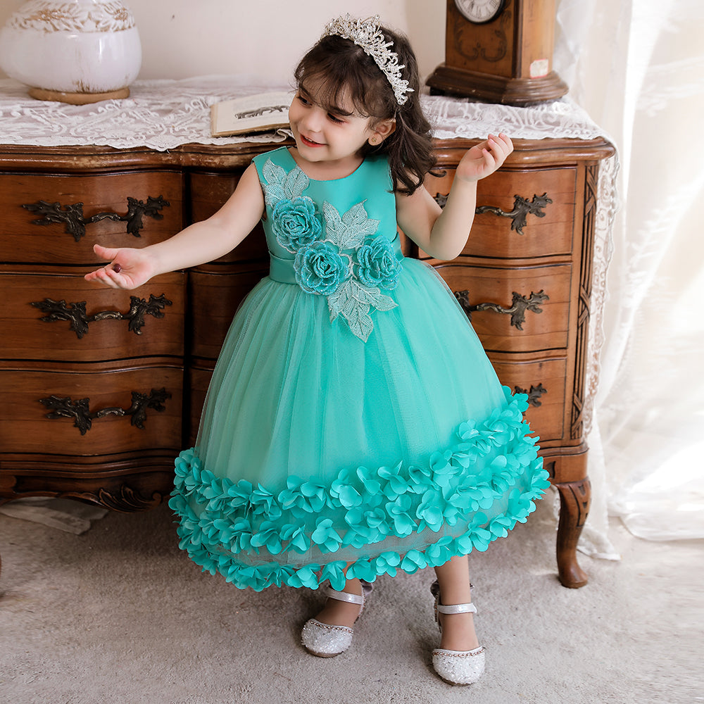 Girls Green Embellished Fit & Flare Midi Dress