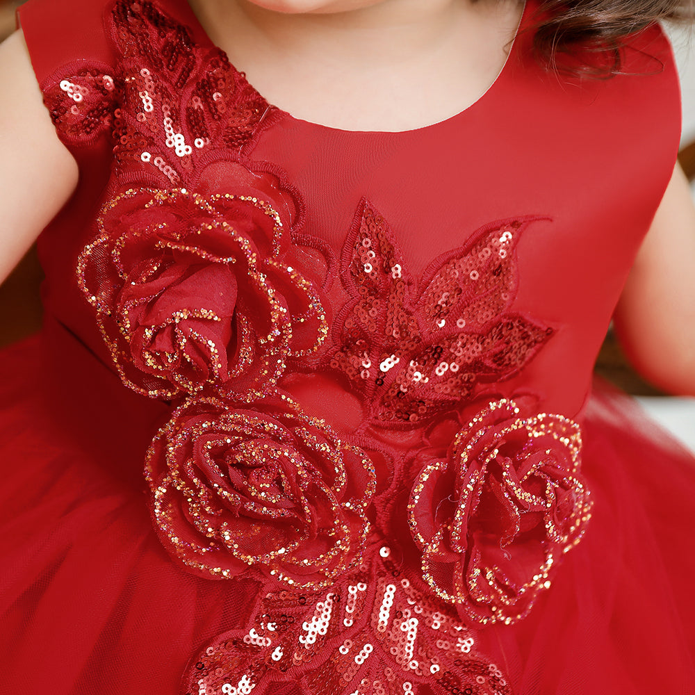 Girls Red Floral Self Design Maxi Dress