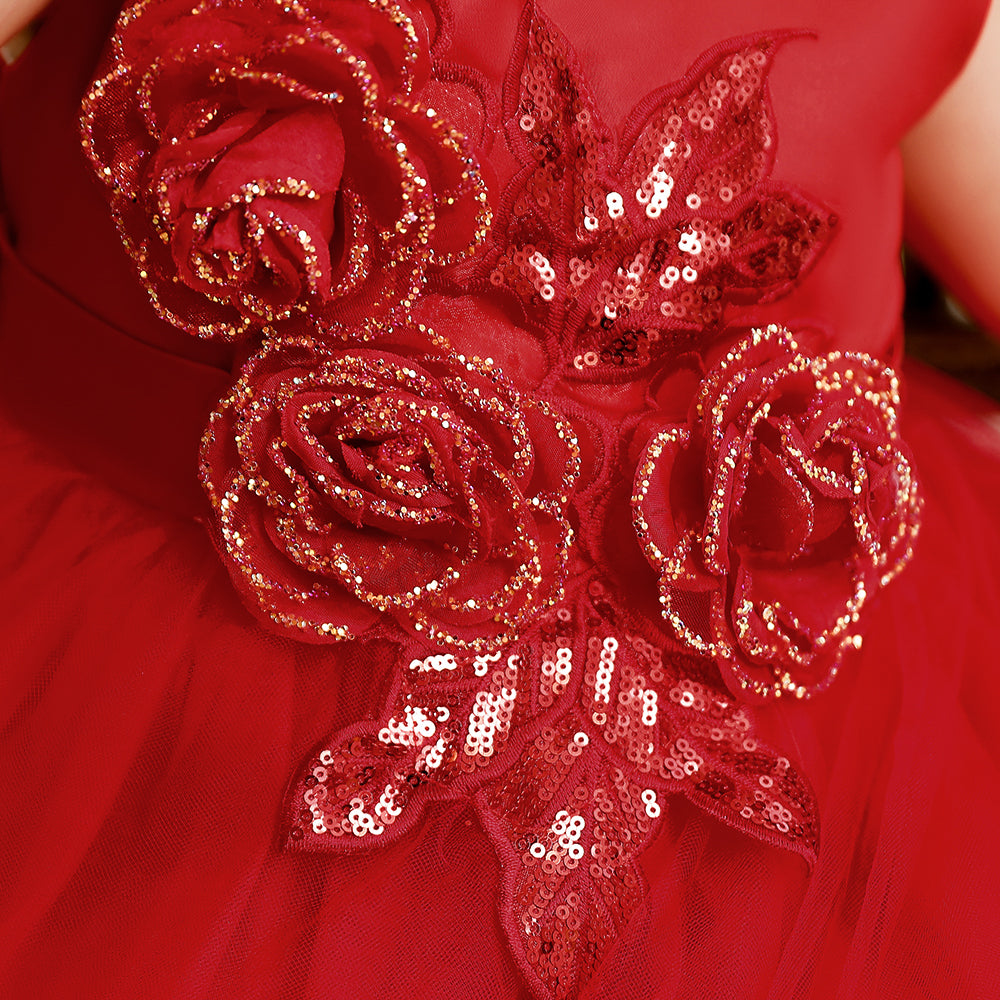 Girls Red Floral Self Design Maxi Dress