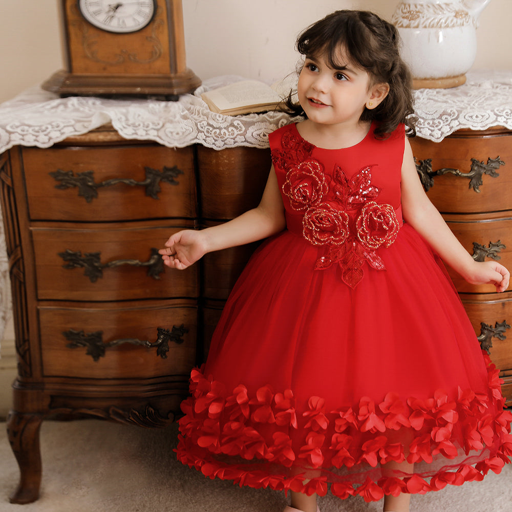 Girls Red Floral Self Design Maxi Dress