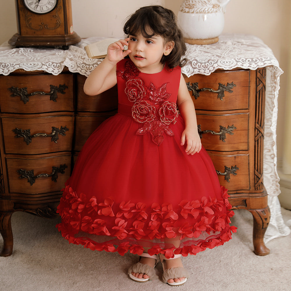 Girls Red Floral Self Design Maxi Dress