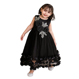 Girls Black Floral Applique Fit & Flare Maxi Dress
