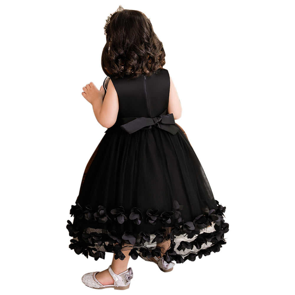 Girls Black Floral Applique Fit & Flare Maxi Dress