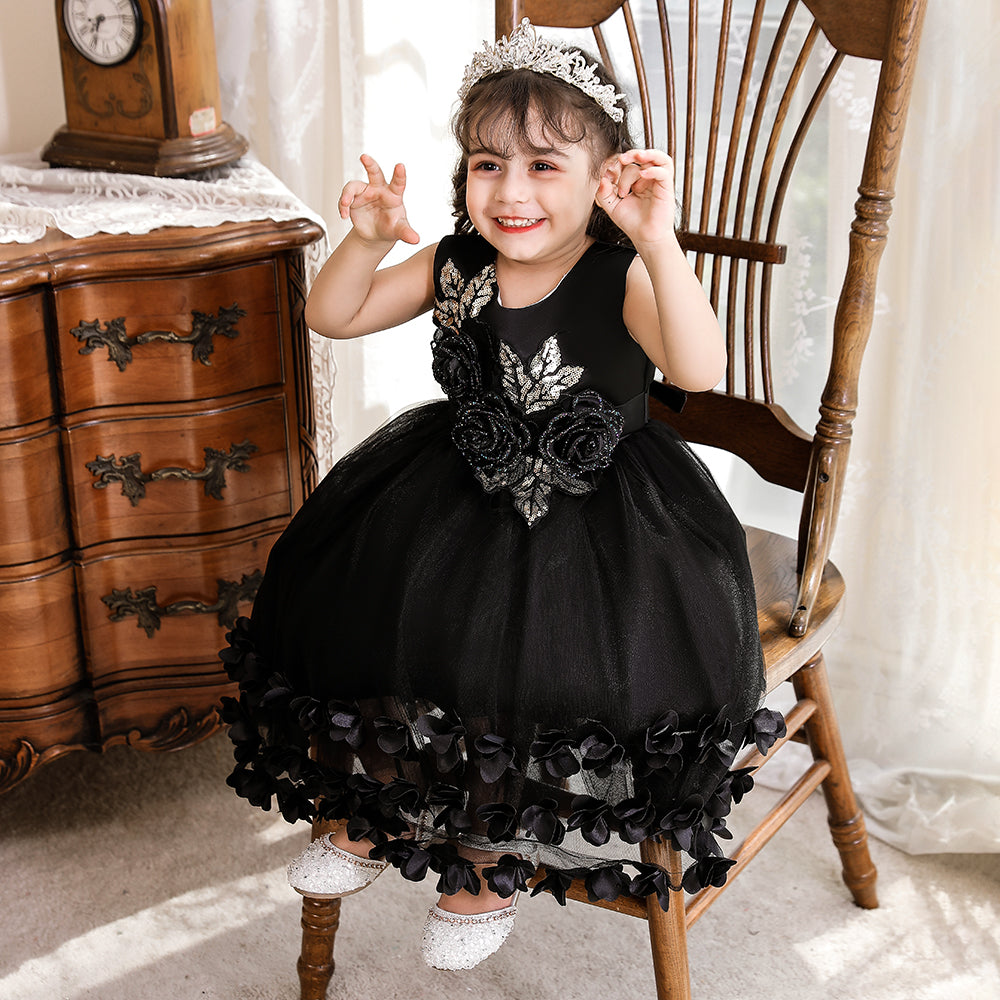 Girls Black Floral Applique Fit & Flare Maxi Dress