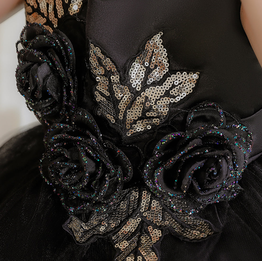 Girls Black Floral Applique Fit & Flare Maxi Dress