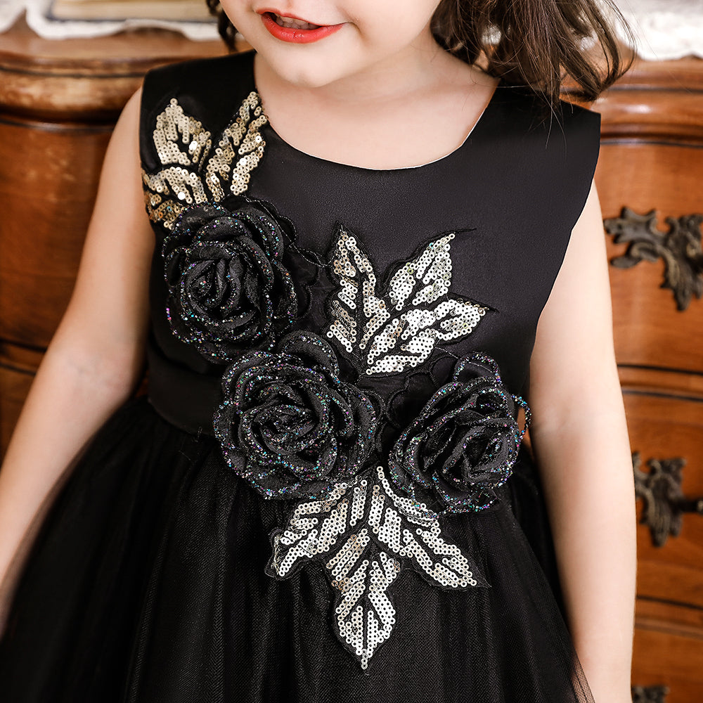 Girls Black Floral Applique Fit & Flare Maxi Dress