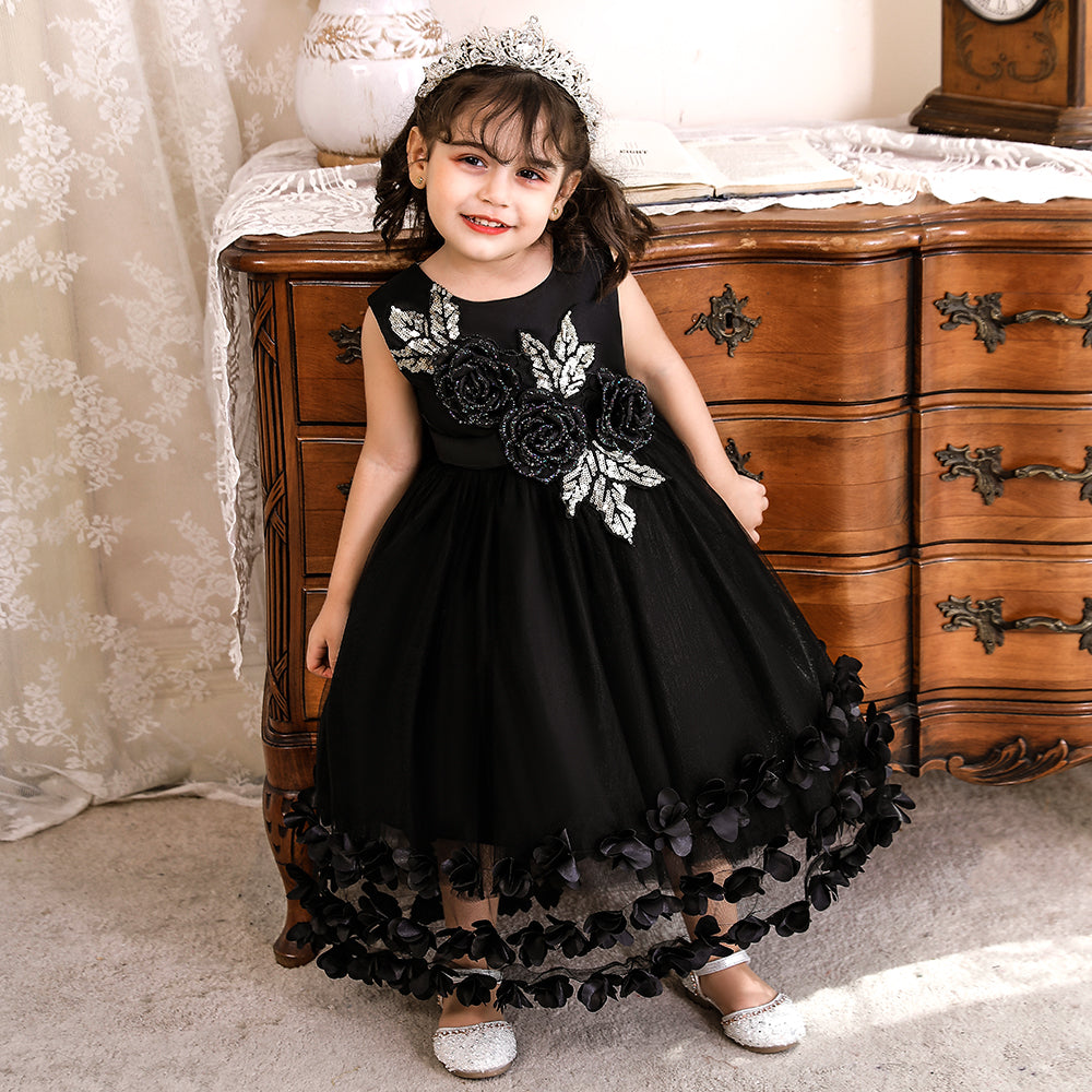 Girls Black Floral Applique Fit & Flare Maxi Dress
