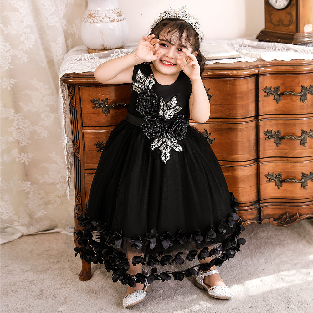 Girls Black Floral Applique Fit & Flare Maxi Dress