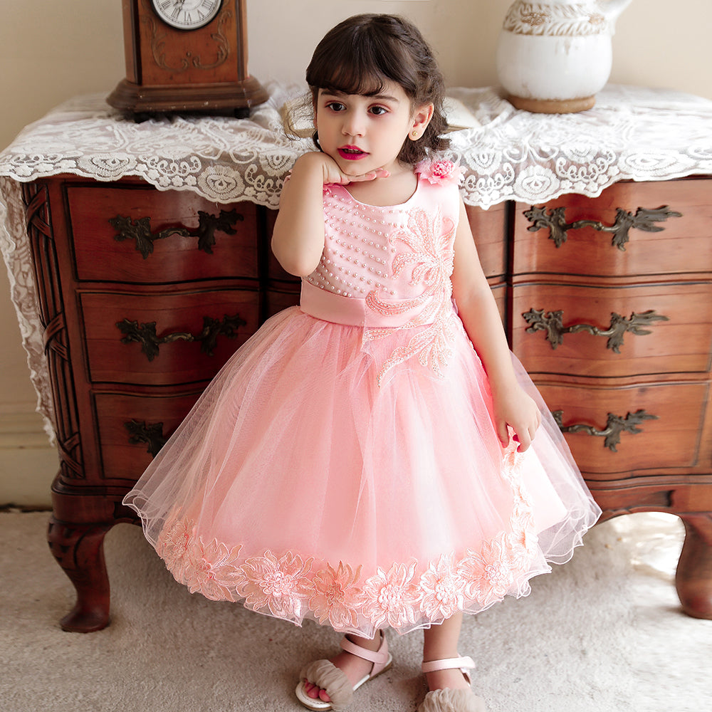 Girls Pink Applique Fit & Flare Maxi Dress