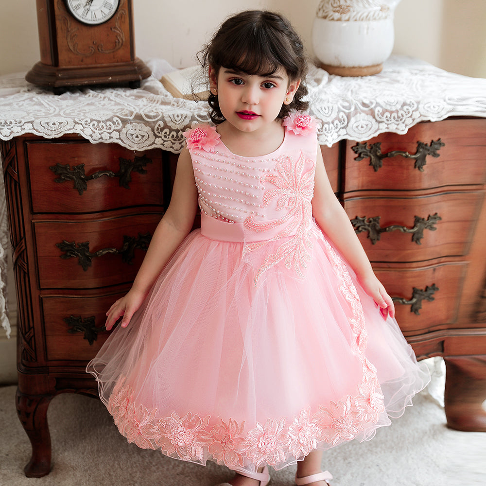 Girls Pink Applique Fit & Flare Maxi Dress