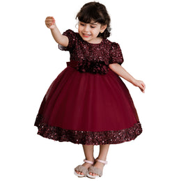 Maroon Girls Embellished Puff Sleeves Fit & Flare Midi Dress