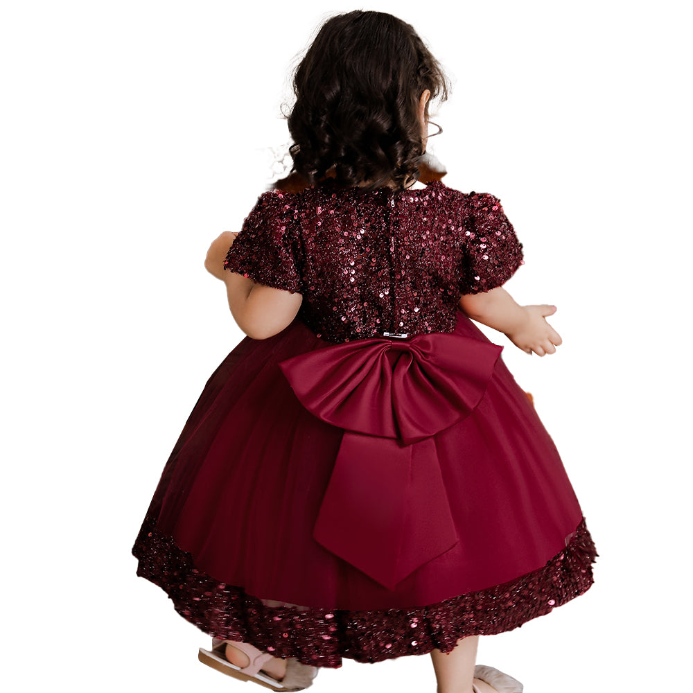 Maroon Girls Embellished Puff Sleeves Fit & Flare Midi Dress