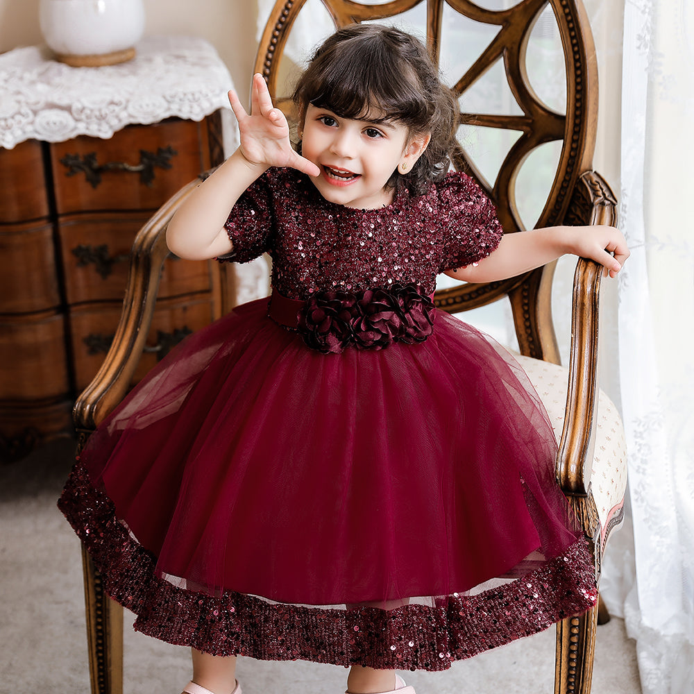 Maroon Girls Embellished Puff Sleeves Fit & Flare Midi Dress