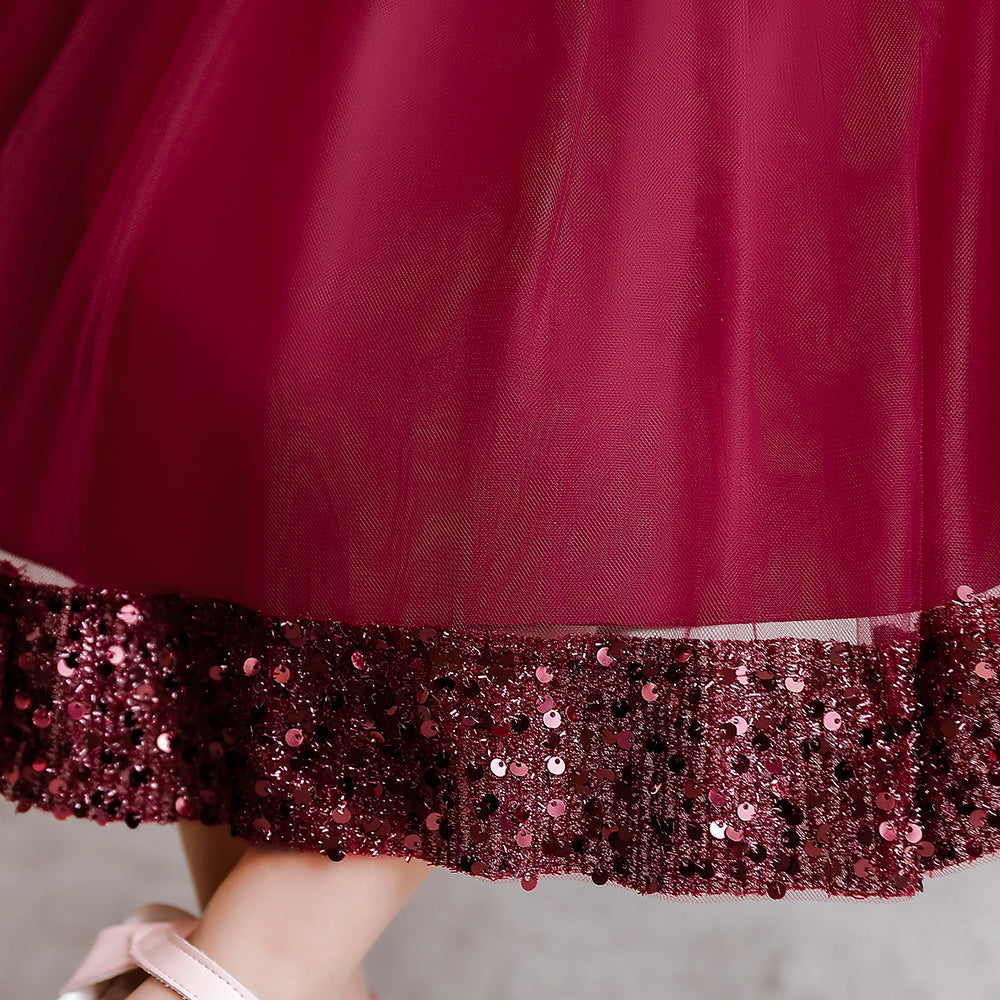 Maroon Girls Embellished Puff Sleeves Fit & Flare Midi Dress