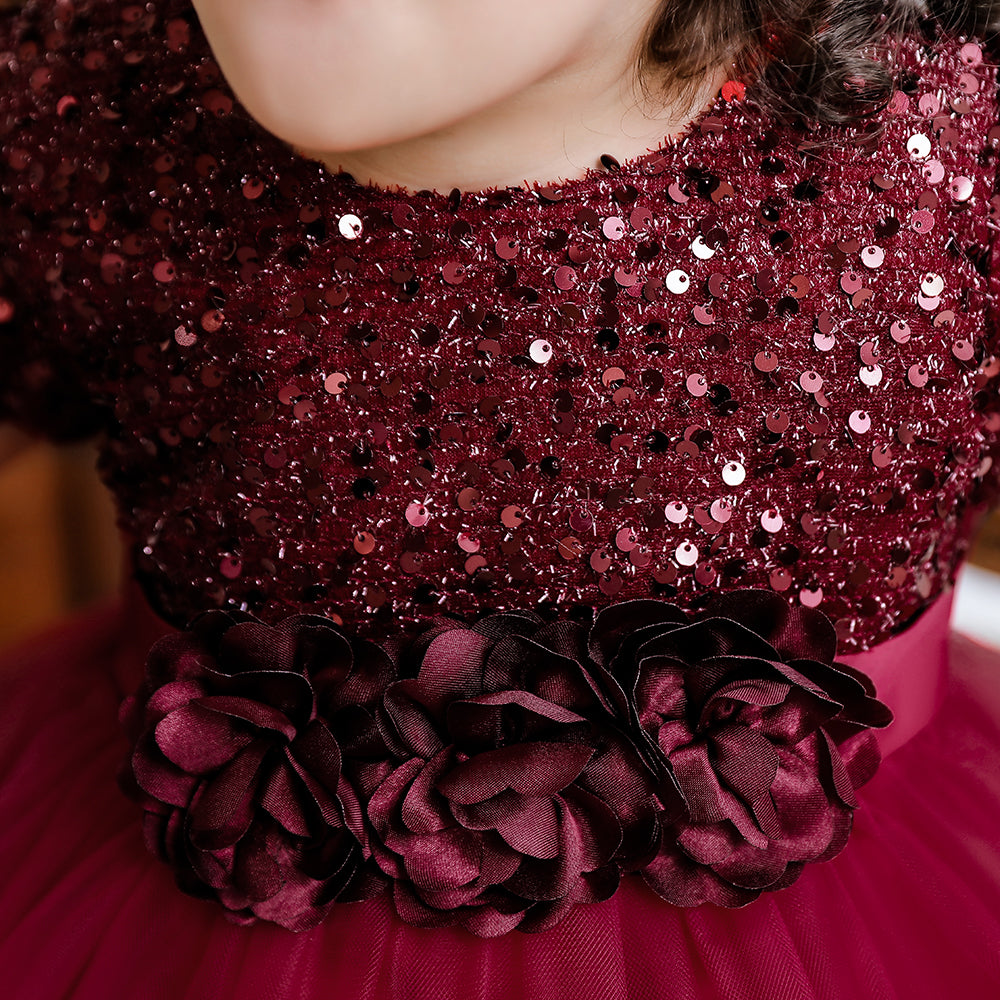 Maroon Girls Embellished Puff Sleeves Fit & Flare Midi Dress