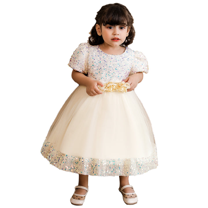Girls Champagne Embellished Sequined Detail Net Fit & Flare Dress
