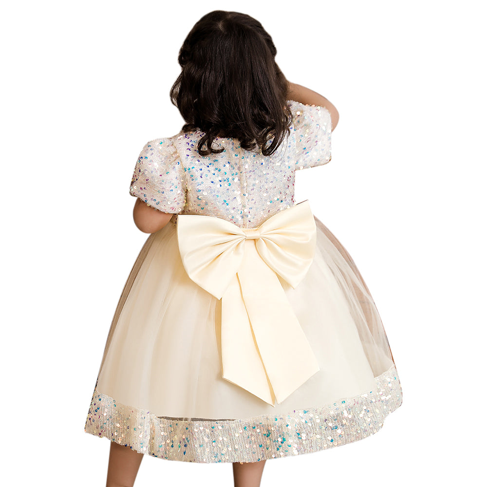 Girls Champagne Embellished Sequined Detail Net Fit & Flare Dress