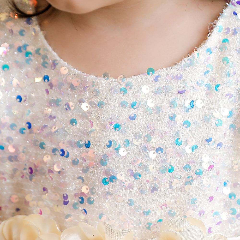 Girls Champagne Embellished Sequined Detail Net Fit & Flare Dress