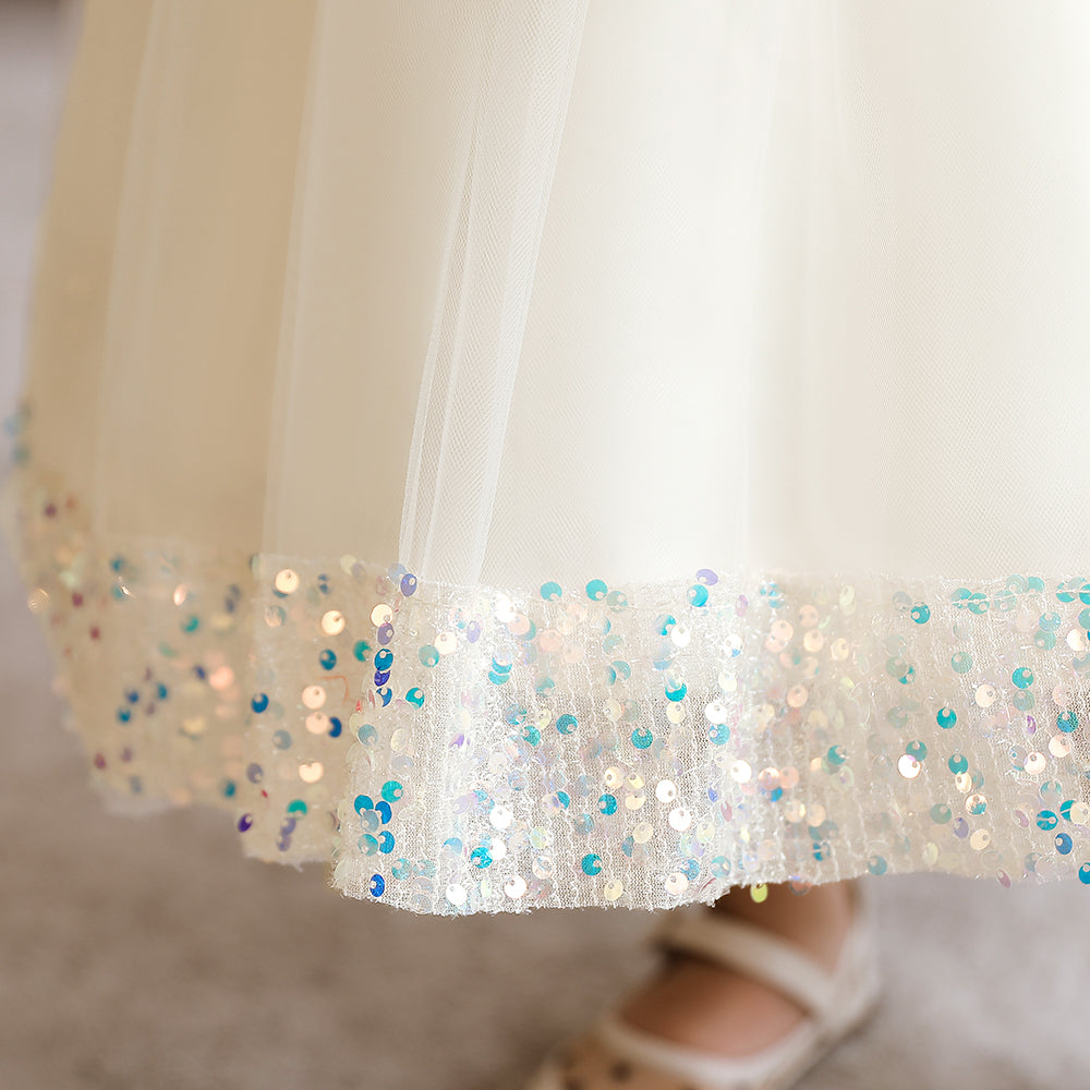 Girls Champagne Embellished Sequined Detail Net Fit & Flare Dress