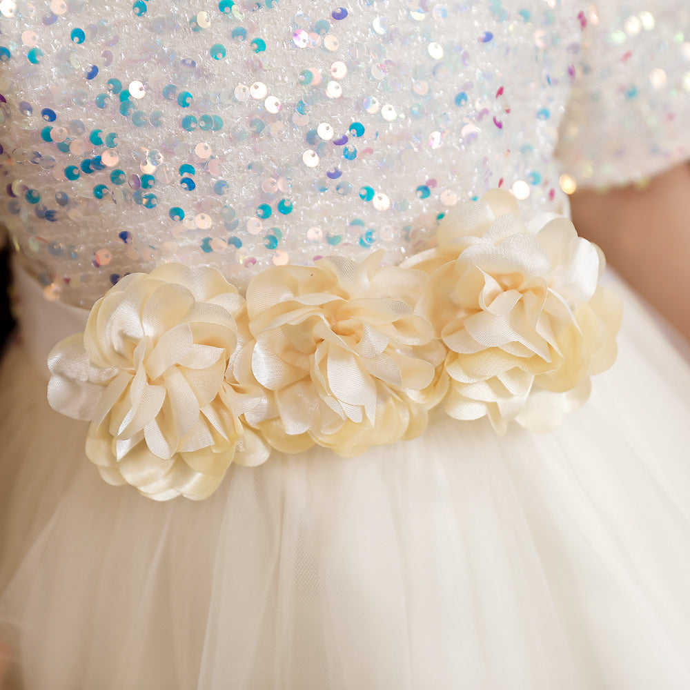 Girls Champagne Embellished Sequined Detail Net Fit & Flare Dress