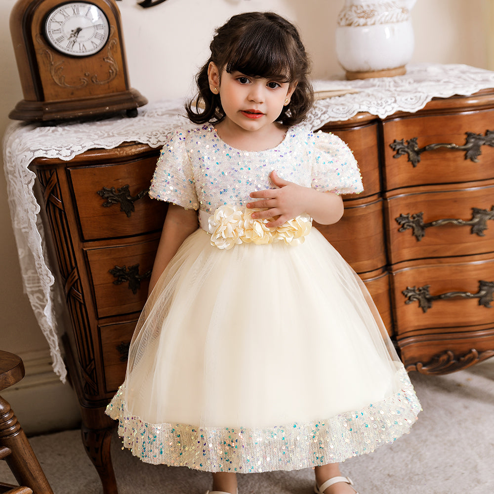 Girls Champagne Embellished Sequined Detail Net Fit & Flare Dress