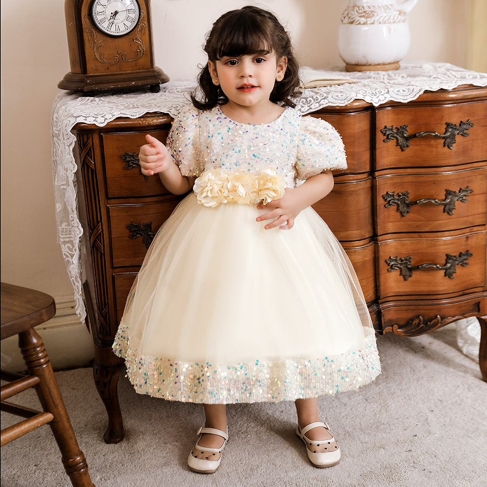 Girls Champagne Embellished Sequined Detail Net Fit & Flare Dress
