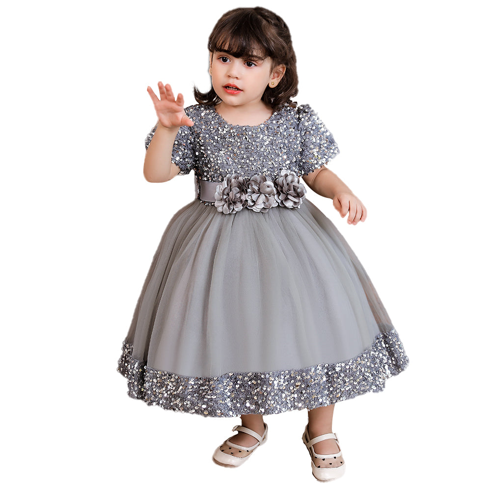 Girls Grey Embellished Sequined Round Neck Fit & Flare Maxi Dress