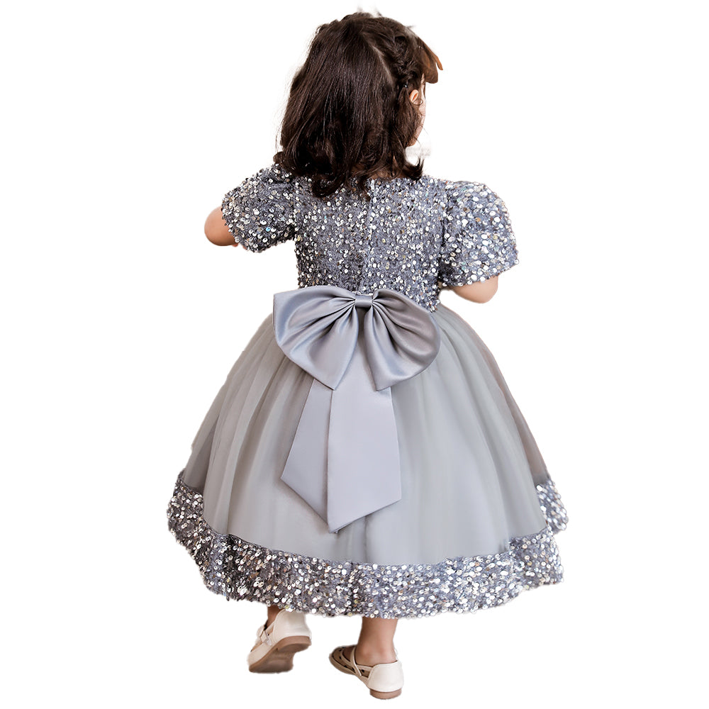 Girls Grey Embellished Sequined Round Neck Fit & Flare Maxi Dress