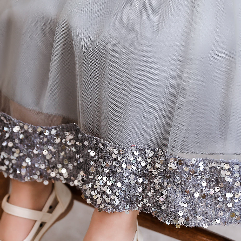 Girls Grey Embellished Sequined Round Neck Fit & Flare Maxi Dress